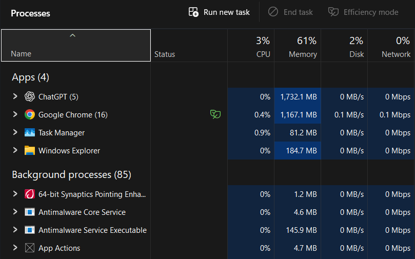 Windows Task Manager showing running applications and background processes demonstrating operating system process management and CPU scheduling